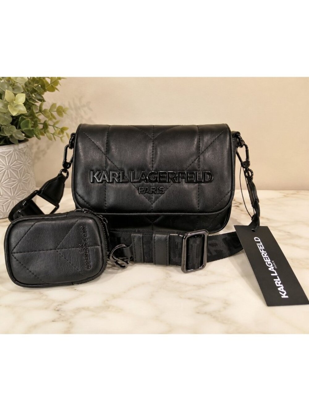 Karl Lagerfeld Paris Voyage Black Quilted Crossbody Bag + Pouch – NWT